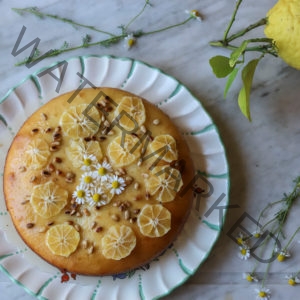 Lemon Olive Oil Cake with a Lemon Glaze and Pine Nuts