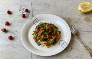 Pasta with Smoked Salmon, Cherry Tomatoes and Wild Arugula