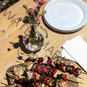 Chicken, Tomato, Onion, and Zucchini Skewers