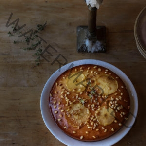 Apple, Honey, and Ginger Olive Oil Cake with a Cider Glaze and Pine Nuts