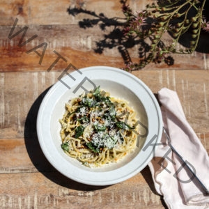 Pasta with Squash Blossoms, Basil, Garlic, and Pine Nuts