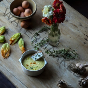 Squash, Squash Blossom, Thyme, and Garlic Soup