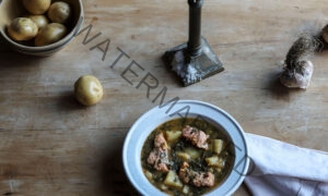 Green Chard, Potato, Garlic, and Salmon Stew