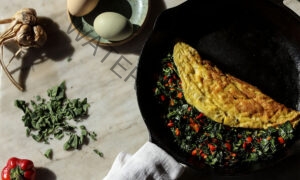 Omelet with Green Chard, Red Peppers, and Garlic