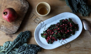 Sauteed Kale with Lemon Blossom Honey and Pomegranate Seeds