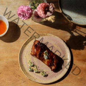 Baby Back Ribs with a Wild Flower Honey and Raspberry Jalapeno Glaze and Sweet Alyssum