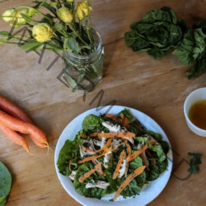 Little Gem Salad with Chicken, Shaved Carrots, Sorrel, and Oregano with a Eucalyptus Honey Dressing