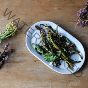 Charred Sprouting Broccoli with Oregano, Thyme, Meyer Lemon, and Goat Cheese