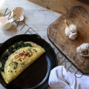 Goose Egg, Garlic, Broccolini, and Oregano Omelet