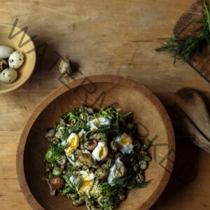 Wilted Frisee Salad with Fava Beans, Potatoes, Dill, and Quail Eggs