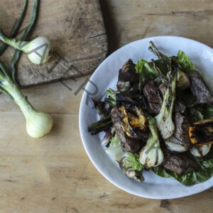 Warm Spring Onion, Meyer Lemon, Artichoke, And Coulotte Salad with a Sage Honey Dressing