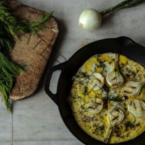 Duck Egg Frittata with Spring Onions, Green Garlic, Dill, and a Goat's Milk Cheese